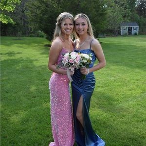 Silky Aegean blue prom dress